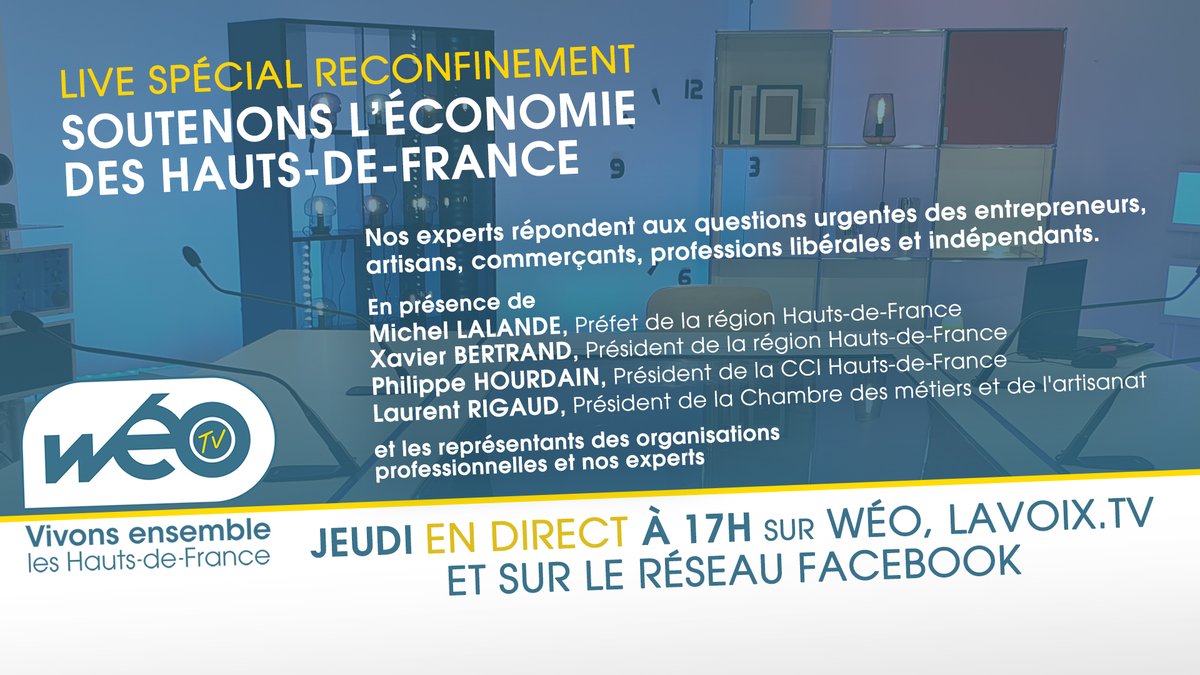 [INFOS]
Vous le savez, ce deuxième #confinement impacte fortement nos #entreprises.
Afin de répondre à toutes vos questions, la <a href="/CCI_hdf/">CCI Hauts-de-France</a>  organise, demain soir, un Facebook live de 17h à 18h30.
Pour participer à ce live il vous suffira d'aller sur la page facebook de la <a href="/CCI_hdf/">CCI Hauts-de-France</a>