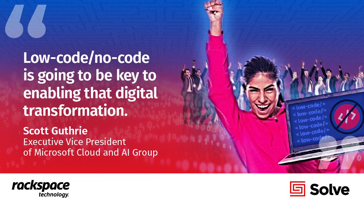 Rackspace_Solve's tweet photo. This week on the #CloudTalkPodcast, Scott Guthrie, @Microsoft Executive Vice President, breaks down the shift toward low-code/no-code software and how it’s enabling companies to innovate in new ways. https://t.co/yXz7SYLljb 
@scottgu @jdeverter #lowcode #nocode #nocodelowcode https://t.co/OM7Hx8mkeT