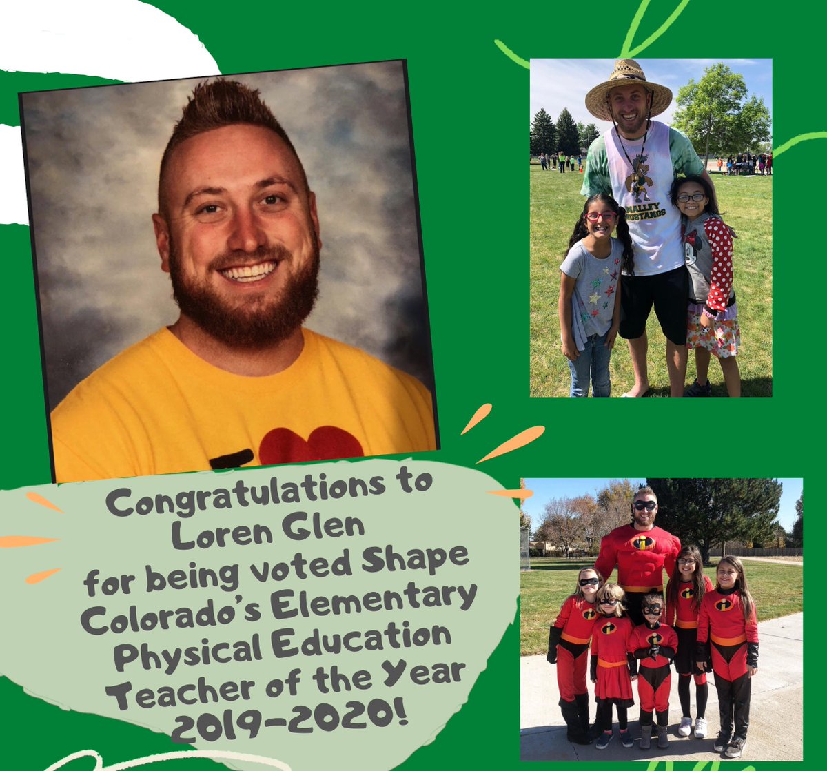 Adams12's tweet image. Congratulations Loren Glen, PE Teacher at Malley Drive Elementary, on being voted @SHAPE_Colorado's 2019-2020 Elementary Physical Education Teacher of the Year. #FiveStarProud