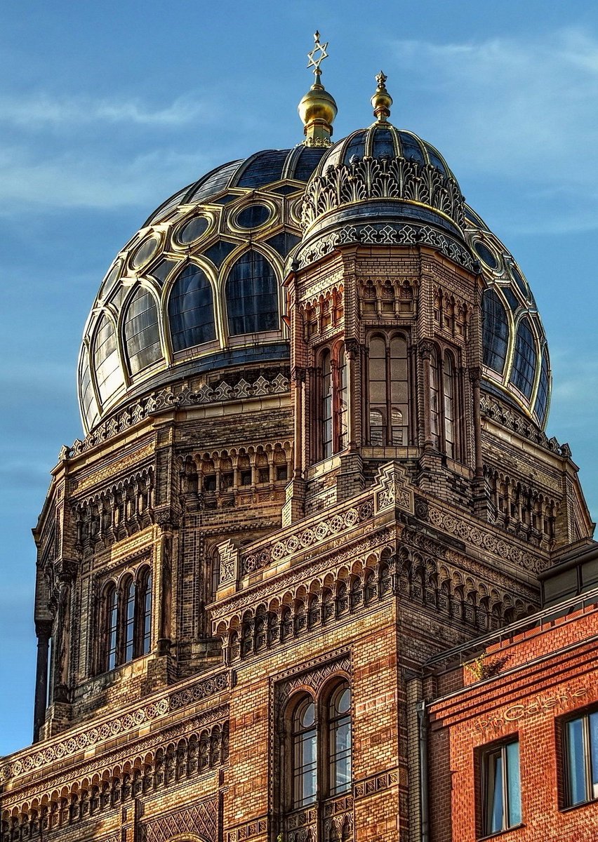 Germany’s Jewish population was large, successful, integrated, proud, and had expressed itself in amazing buildings like Berlin’s New Synagogue, 1859-66, only the front section of which has survived & been restored, & has a small active congregationImage  https://www.deviantart.com/pingallery/art/New-Synagogue-in-Berlin-297397443?q=gallery%3Apingallery%2F12488460&qo=8