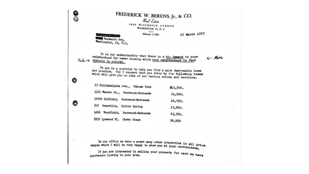 DC real estate brokers used race as a tool to get white homeowners to sell and move to the suburbs. Covenants had associated blackness with declining property values. A Mount Pleasant resident shared this letter with Neighbors, Inc., a group that worked to put an end to this.