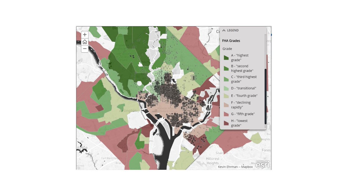 This 1937 Federal Housing Administration map grades sections of DC and its suburbs. F, “declining rapidly,” was assigned to much of the city below Florida Avenue, where the vast majority of Black residents lived.  #mappingsegregation.