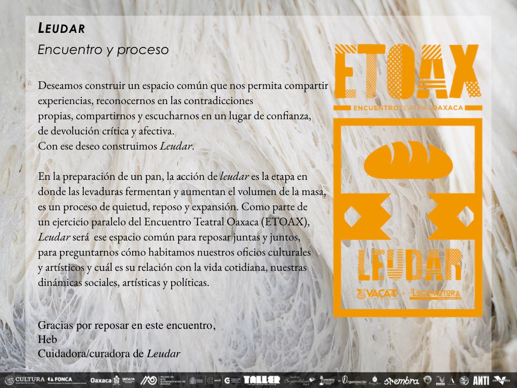ETOAX2's tweet photo. 🗣️¿Qué es LEUDAR?
Un espacio de reflexión dentro del #ETOAX2020
Y también es un proceso en donde la masa fermenta en reposo en el proceso de la preparación de un rico pan 🥖

Habrá charlas, un taller, un performance, una proyección documental y una bitácora abierta 💜 https://t.co/Y6IGaf1E88