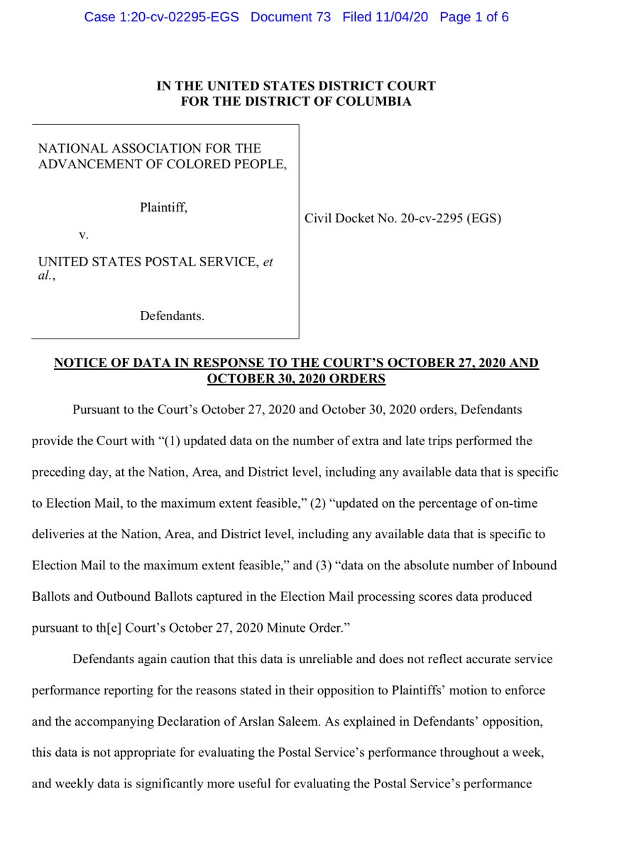 November 4 2020 USPS filings here I uploaded to a public drive - the numbers are increasingly problematic  https://drive.google.com/file/d/1cG5Z02Q1kHeQjwLOyG_TJbNA-IKE_c4y/view?usp=drivesdkor you can pay for it  https://ecf.dcd.uscourts.gov/doc1/04518146981