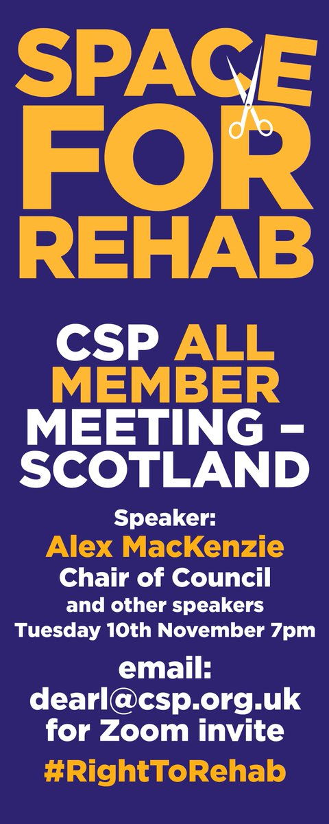 Calling all Scotland CSP members! Meeting to Save Rehab Spaces - Tues 10th <a href="/7pm/">Huong Le</a>. Joining details click on poster below. Share widely and see you all there! #RightToRehab <a href="/AlexMacKenzie11/">Alex Mackenzie 💙 She/her</a> <a href="/ClaireRonald/">Claire Ronald (she/her)</a> @CspFraser <a href="/kenryckbell/">Kenryck Lloyd Jones</a> <a href="/L0uDear/">Lou Dearg</a> @julie_collins13