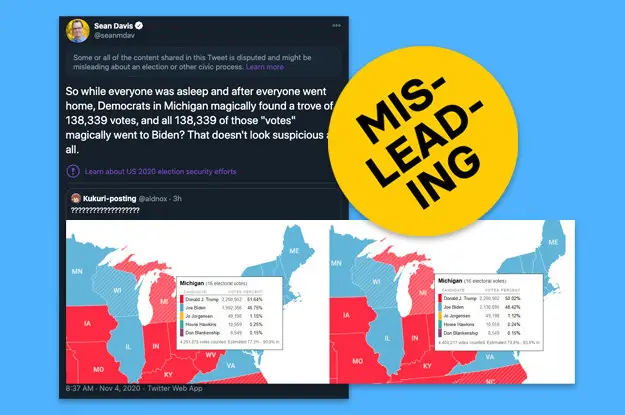 1. It's misleading to say ballots were "magically found" in Michigan, where mail-in ballots are still being counted:  http://buzzfeednews.com/article/janelytvynenko/election-rumors-debunked#125898666 Count in Michigan has already changed. Rather than tweeting fluctuating numbers, see results here:  http://buzzfeednews.com/article/buzzfeednews/live-results-2020-elections