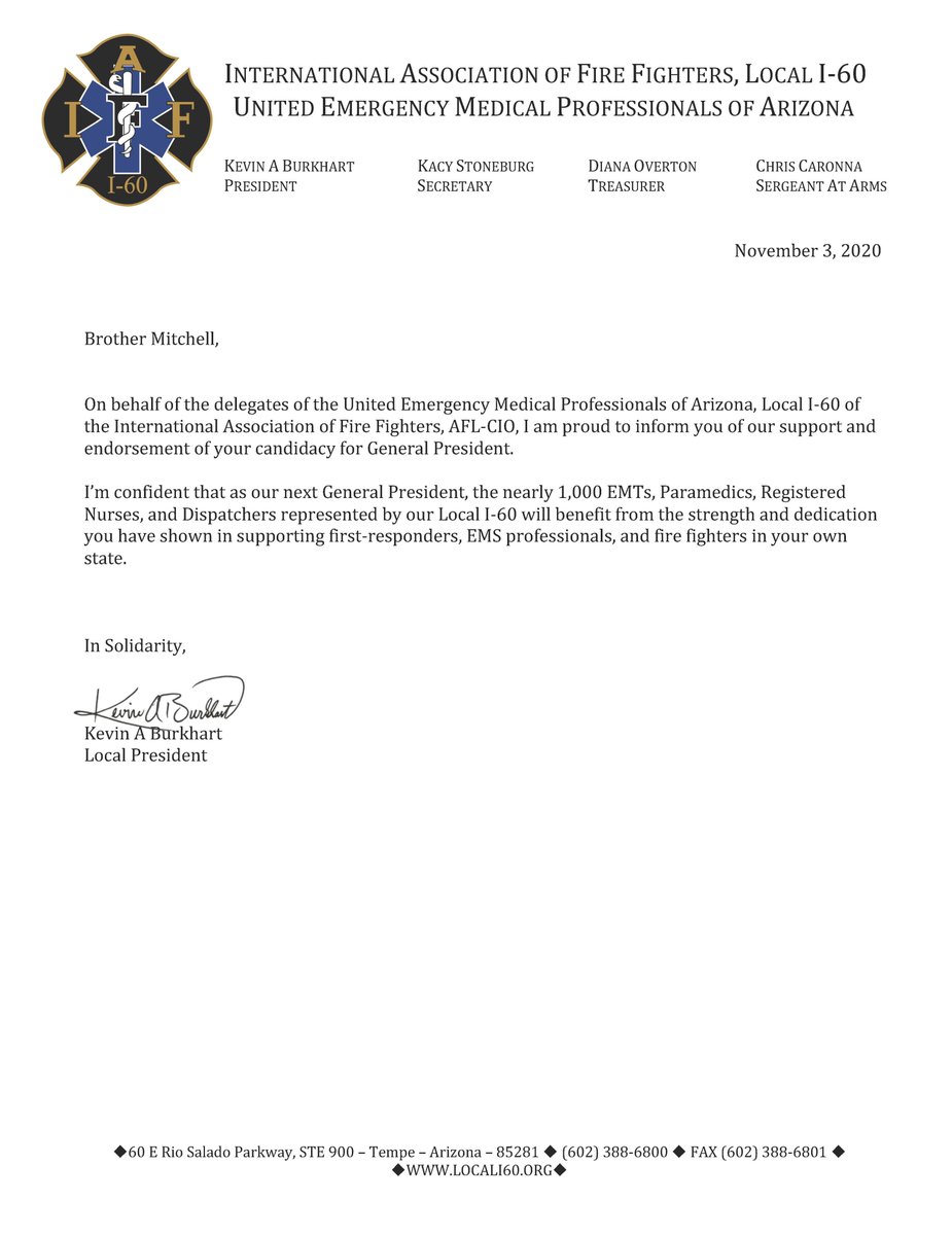 MahlonMitchell's tweet image. Proud to announce that the United Emergency Medical Professionals of Arizona Local I-60 have endorsed my campaign! #unitediaff #freshstart @LocalI60