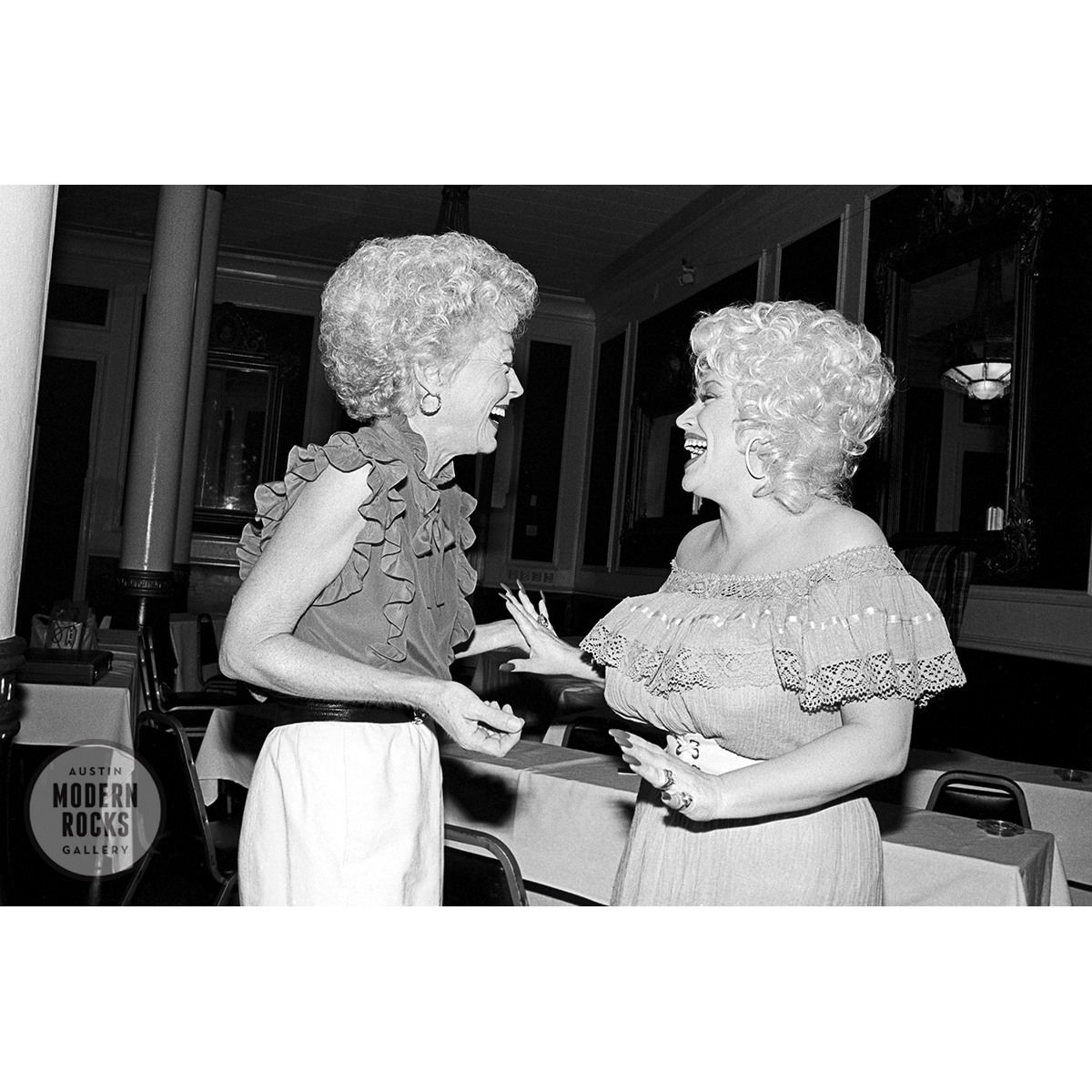 This photo of Ann Richards & Dolly Parton--meeting for the first time, here  in Austin in 1982--hangs outside the office where I'm working right now, so  I get to walk by it