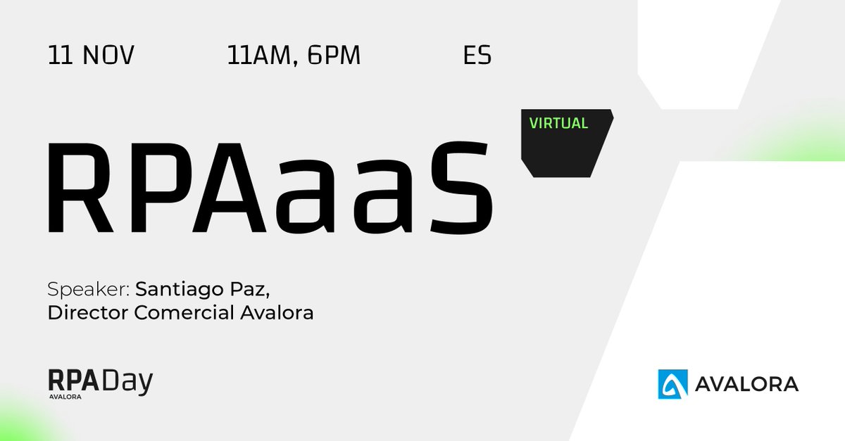 AvaloraTI's tweet photo. 📅 Miércoles 11/11 11AM (PET)

💡 Conoce cómo la Automatización Robótica de Procesos como Servicio (RPAaaS) puede traer mayores beneficios para la empresa Speaker: Santiago Paz Martín
👉🏼 https://t.co/xNSnBj1sMk
👉🏼 https://t.co/zoOXsdbmpI ¡Te esperamos! #AvaloraRPADay https://t.co/BwxpH3Trir
