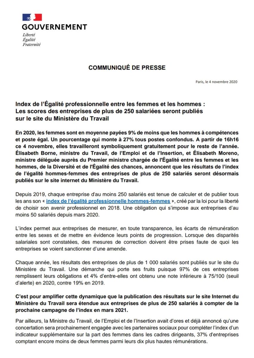 1ElisaMoreno's tweet photo. 🔵🔴 [COMMUNIQUÉ]

➡️ Index de l'égalité pro entre les femmes et les hommes : les scores des entreprises de + de 250 salariés seront publiés sur le site de @Travail_Gouv 

📢 "Les entreprises doivent être au cœur de la bataille contre les inégalités salariales"

@Elisabeth_Borne https://t.co/F4sZ6p75yU