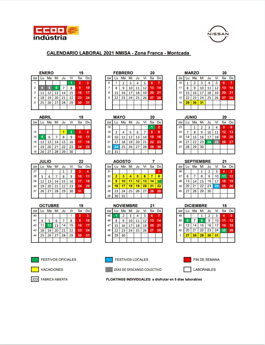 Ccoo Nissan Twitterissa En El Dia De Ayer Se Cerro El Acuerdo Del Calendario Laboral Para El Ano 2021 Para Los Centros De Zona Franca Y Montcada Https T Co Akpflcsf3l