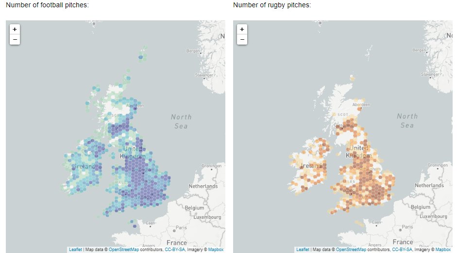 samwise_v's tweet photo. Day 4 of the #30DayMapChallenge - Hexagons. I made a very quick #hexbin map showing number of football pitches vs rugby pitches on the British Isles. Made with #FME and @LeafletJS. Based on #osm data.
https://t.co/Tug7APPsJj https://t.co/68Pf446axF