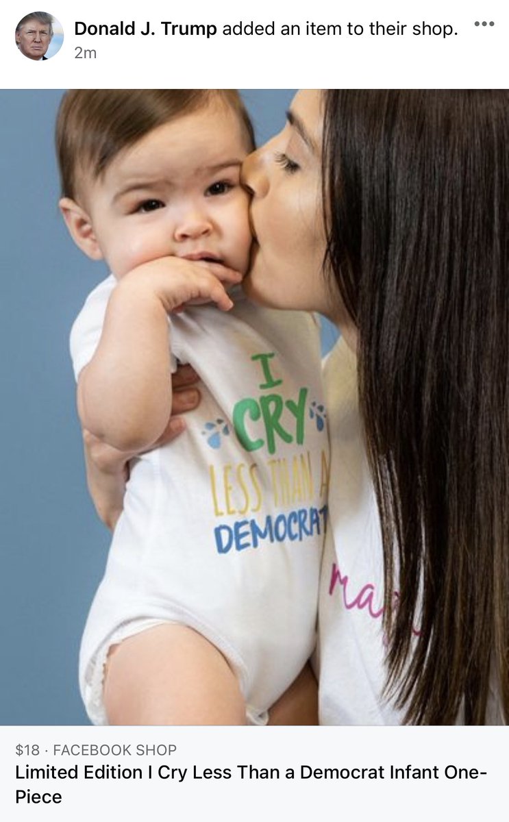 President Trump is selling some new baby merch: I Cry Less Than a Democrat, image size:743x1200