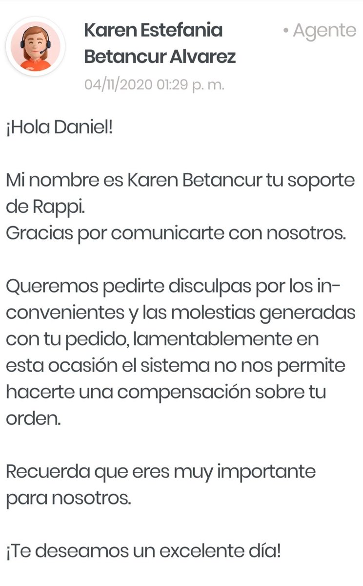 svilladaniel's tweet photo. @RappiColombia Ya les escribí, esta fue la respuesta que obtuve de ustedes @RappiColombia. https://t.co/OsbhW7Vvj7