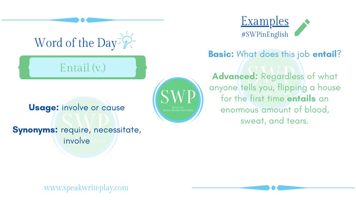 SpeakWritePlay's tweet photo. Malcolm: To be honest, I'm not sure what this new position #entails.
#vocabulary #ielts #English #step #learnEnglish #SWPinEnglish #virtuallearning #grammar #toefl https://t.co/uqlG6ylbYi
