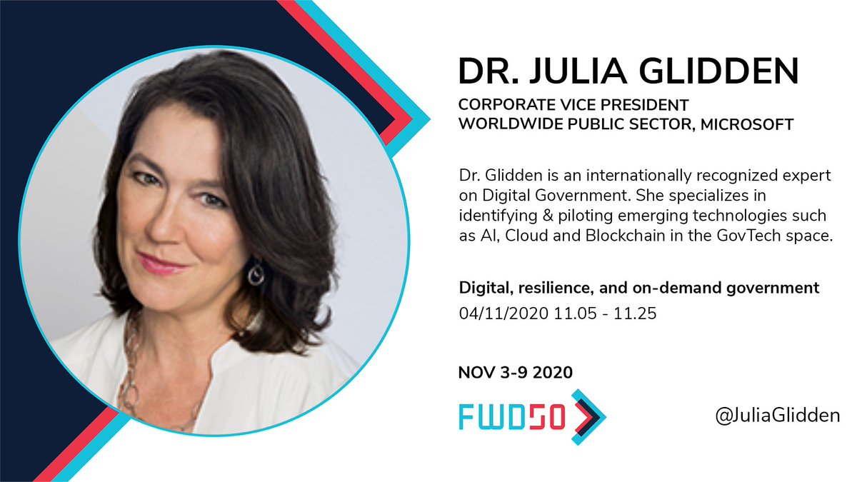 fwd50conf's tweet photo. Join Dr. Julia Glidden (@JuliaGlidden), Corporate Vice President Worldwide Public Sector,
Microsoft and Alistair Croll, (@acroll) #FWD50 Chair in 5 minutes for a look at the lessons learned from 2020—and our newfound understanding of what’s possible. #govtech #civictech https://t.co/Wn9bf6sTpS