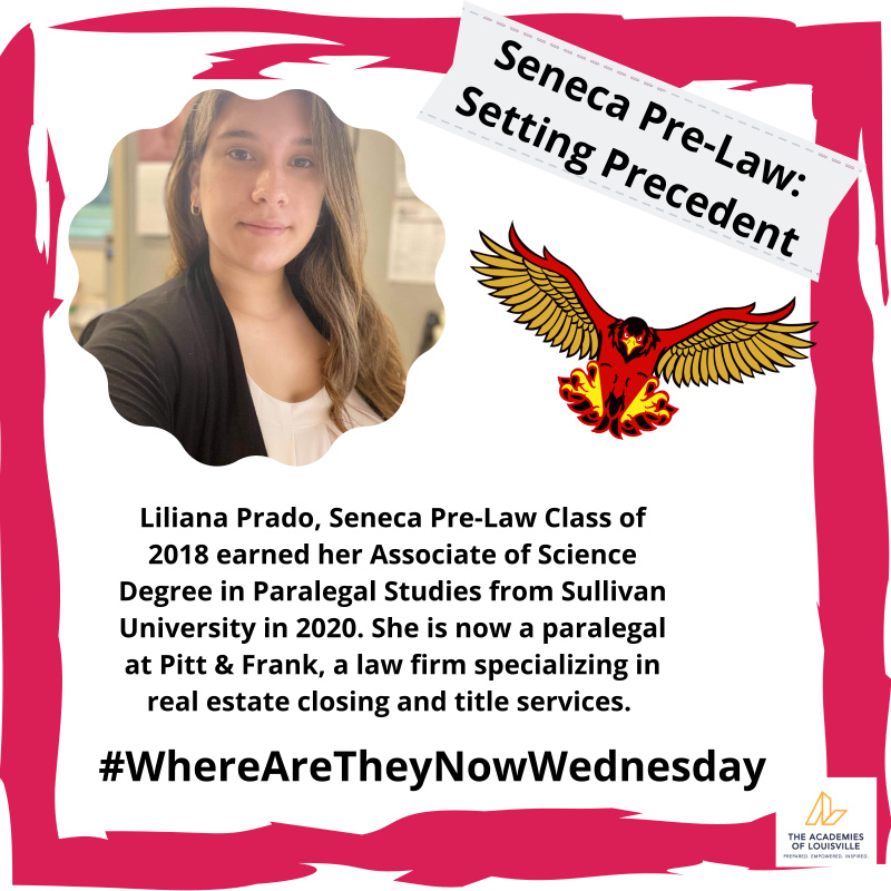 #SeeYourselfAtSeneca
#WhereAreTheyNowWednesday

Join the @SenecaPreLaw program -- the first of its kind in KY! Earn up to 8 hours of credit with the <a href="/SullivanU/">Sullivan University</a> Paralegal Studies program!

<a href="/Seneca_High/">Seneca High School</a> <a href="/Ms_SJohnson/">Dr. Shamika Johnson</a> <a href="/ConsejeroRullan/">Carlos Rullan</a> <a href="/MrGuy_SenecaHS/">Principal MGuy</a>