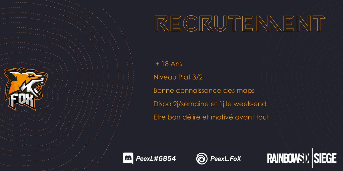 TeamFoXR6S's tweet photo. Bonjour tout le monde, Notre Team recrute des joueurs Rainbow Six Siege #LFTR6S @LFTR6FR @Rainbow6FR RT 🙏 https://t.co/59Yqnqs9F0