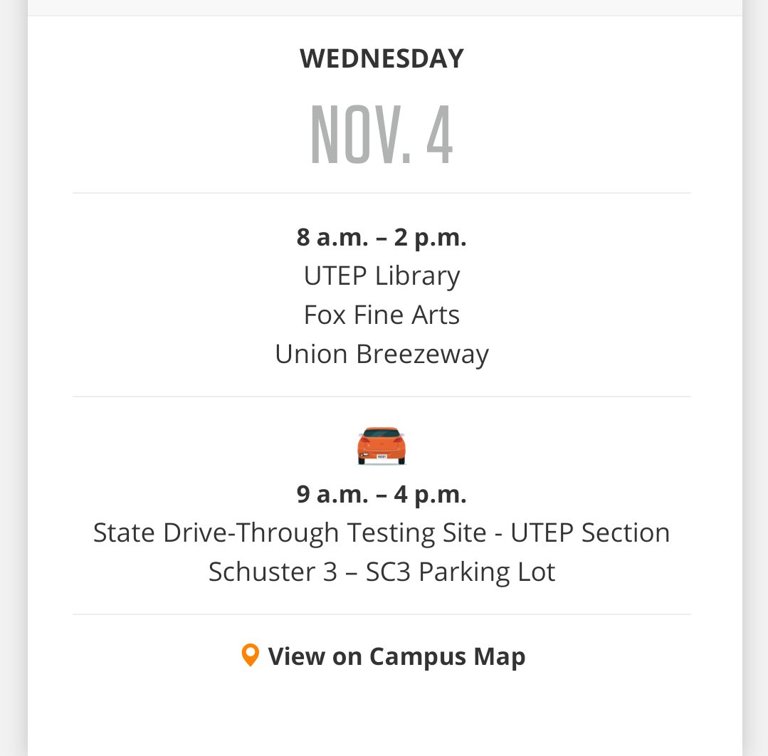 Good morning, Miners! Here are today's COVID testing sites. Stay safe and GO MINERS! 💙🧡⛏️