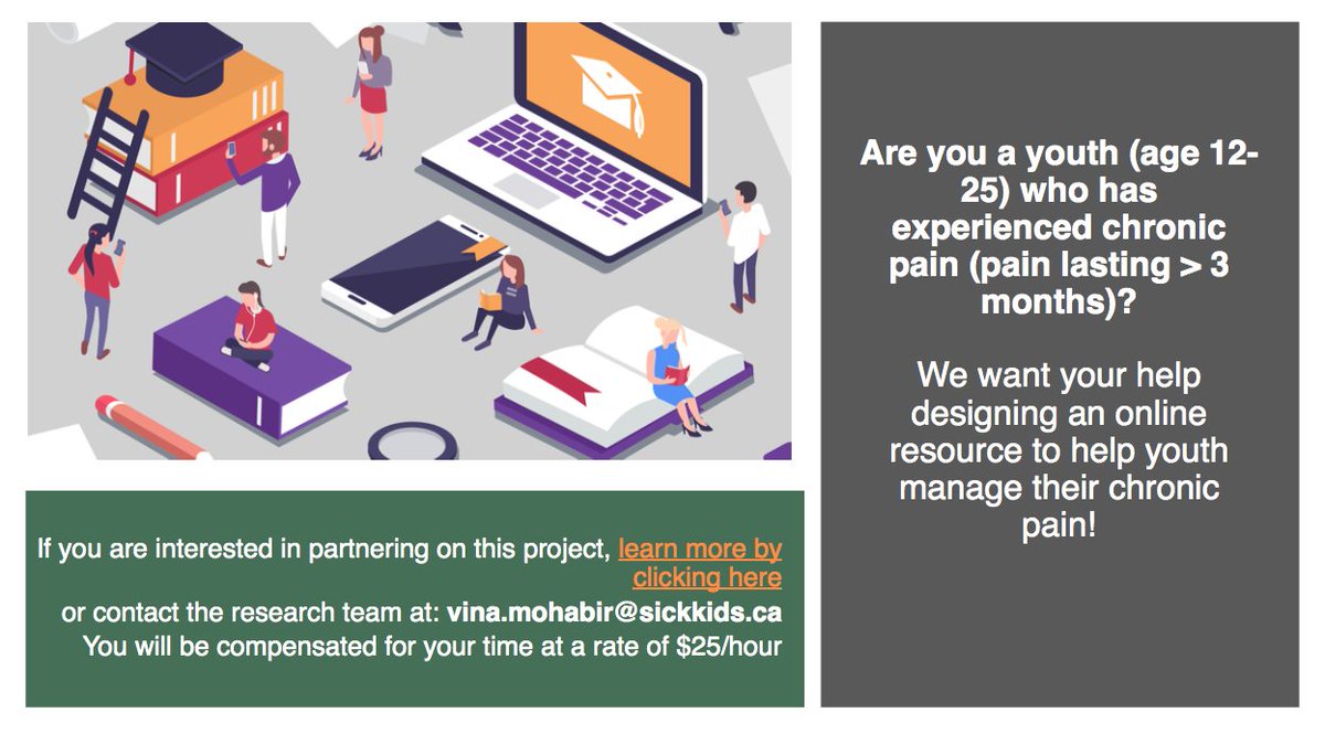 Are you a youth (age 12-25) who has experienced chronic pain (pain lasting &gt; 3 months)? 

We want your help designing an online resource to help youth manage their chronic pain! 

Learn more here: bit.ly/35YpqWQ

#NPAW2020 #LivingwithPain