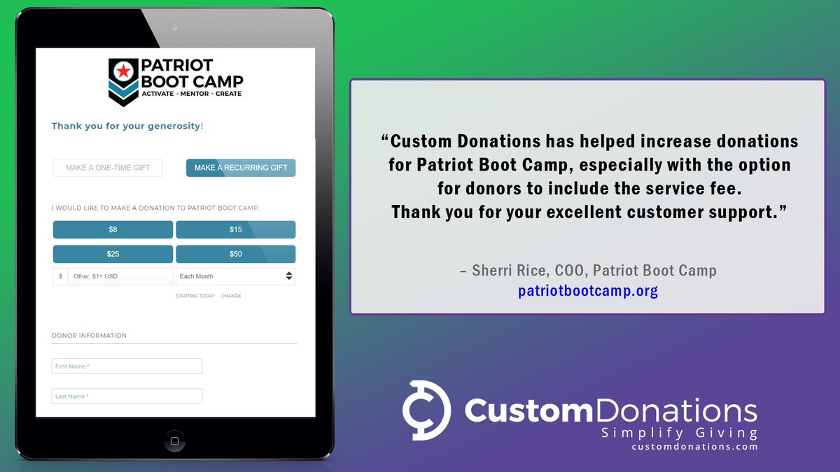 We are proud to power online #giving for Patriot Boot Camp.

Their goal is to raise $500k by Jan 1 for additional programming so they leave no #military #entrepreneur behind. 

Find out more &amp; give your #support! 

patriotbootcamp.org/donate

#veterans #nptech #nonprofit