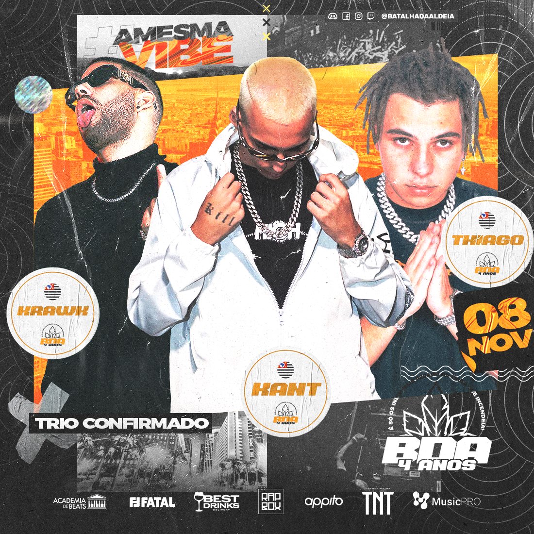 batalhadaldeia's tweet photo. SIM, VAI TER TRIO COM KRAWK, KANT E THIAGO! 🔥
#BDA4ANOS #AMESMAVIBE

Esses monstros dispensam apresentações! Conhecido por fatalitys épicos, @krawkmc está de volta a Aldeia, ao lado de @kantoficial_, maior campeão da história da BDA e @thiagokelbert! https://t.co/tqaRKjr0s1