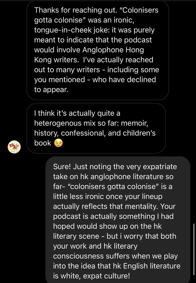 today in hk lit discourse: i tried to ask a podcast on HK anglophone lit to consider expanding their readings to non-white hk writers and they shut their podcast down over it. (1/?)