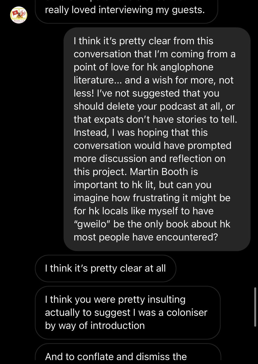 today in hk lit discourse: i tried to ask a podcast on HK anglophone lit to consider expanding their readings to non-white hk writers and they shut their podcast down over it. (1/?)