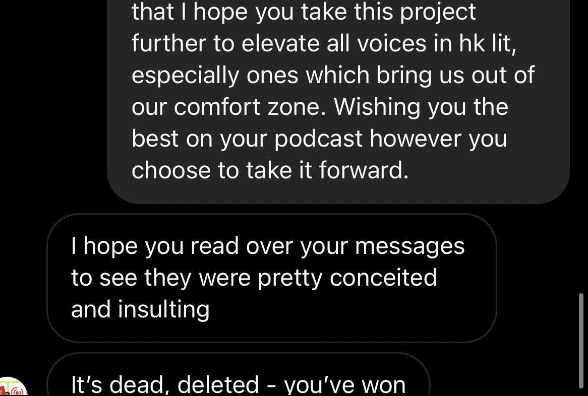 I started this convo after listening to their podcast and noticing that only white, expat writers were featured. The podcaster noted this when he mentioned that the project of hk writing in English was “super colonialist, I know, but hashtag colonisers gotta colonise”. (2/)