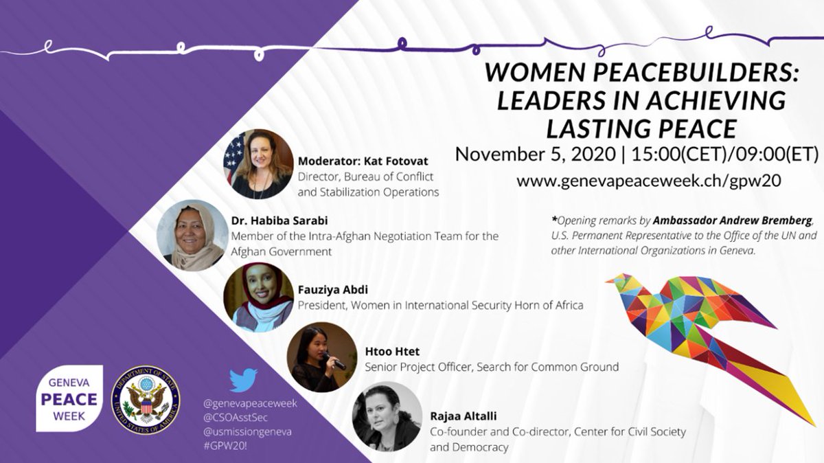 StateCSO's tweet photo. CSO is pleased to host a panel on #WomenPeacebuilding with @USMissionGeneva during @GenevaPeaceWeek. @StateDept is advancing @POTUS’ #WomenPeaceAndSecurity Strategy by amplifying the voices of women in #stabilization and #conflictprevention. #WPSact #GPW #GPW20 @StateGWI https://t.co/gMVTxjAM4c
