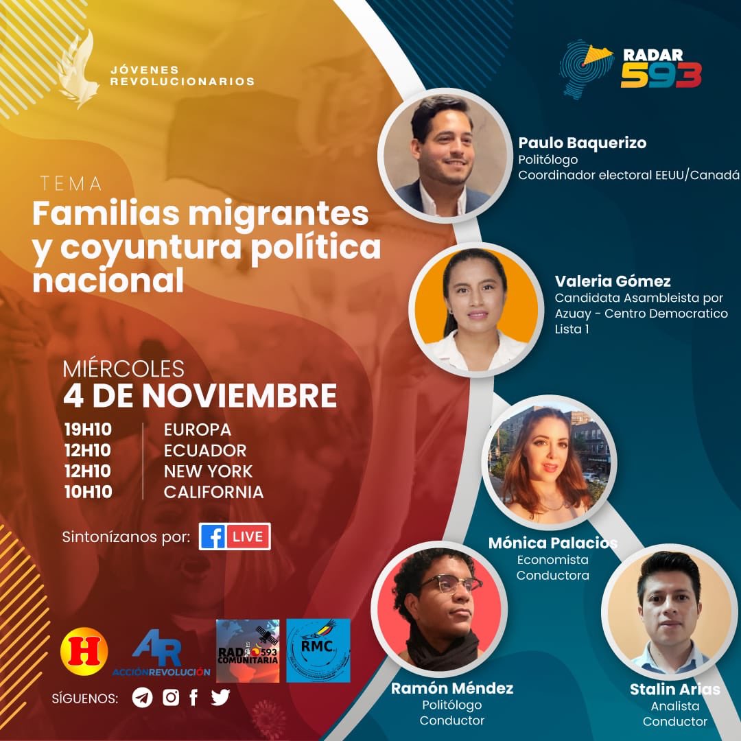 RComunitariosEc's tweet photo. 🟡🔵🔴HOY
Desde EEUU el programa #Radar593
Con @Mpalacioszam @MendezRivasR y #StalinArias
Hoy con el tema:
FAMILIAS MIGRANTES Y COYUNTURA POLÍTICA NACIONAL! @PauloBaquerizo
#RadioComunitaria593
#RedDeMediosComunitariosEc
#JuventudAmazonicaEc https://t.co/Nv94iioOnV