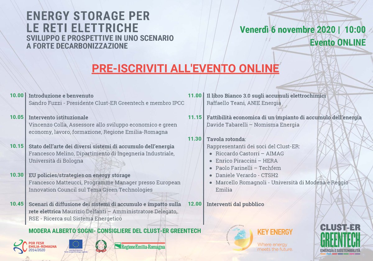 Workshop online su "Energy Storage per le Reti Elettriche" organizzato dal #ClustER_Greentech dell'Emilia-Romagna nell'ambito di KeyEnergy 2020, venerdì 6 novembre ore 10.00 tinyurl.com/yy7ob36k 
<a href="/Arter_ER/">ART-ER</a> <a href="/RegioneER/">Regione Emilia-Romagna</a> @PorFesrER