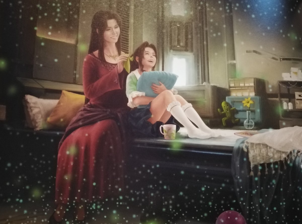 This is a really beautiful picture. The comment is that even though Aerith and ilfana had a tough time living in the Shinra building, the team wanted to convey their close relationship and how they still had fun together.