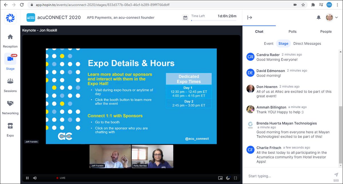 TimRodman's tweet photo. Pretty cool software being used (Hopin). You can view the Live Stage, jump into Sessions, do a speed Networking video call, have a video call with someone from the Expo, and Chat with others on the right hand side. #acuCONNECT2020 https://t.co/82UZAUlXHr
