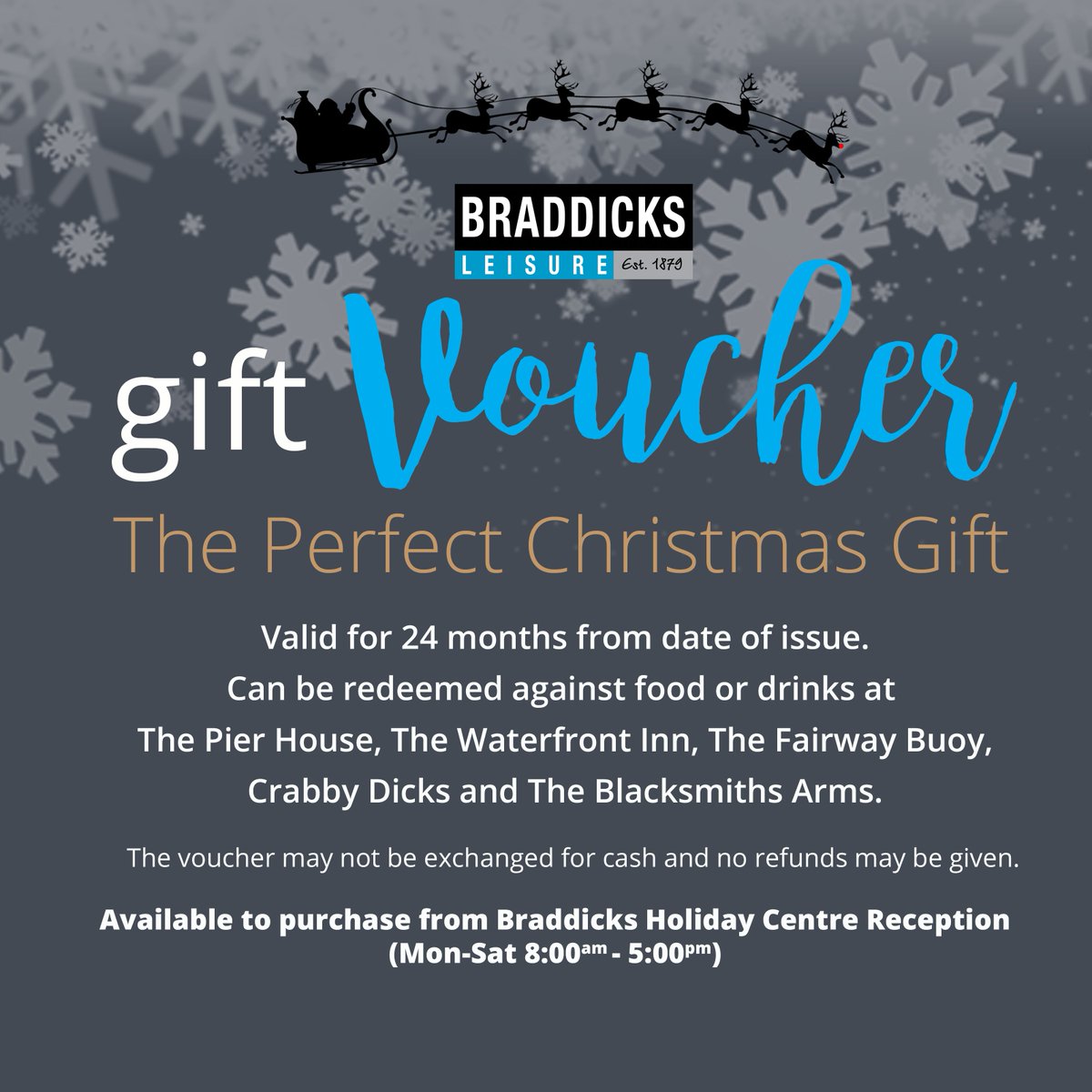 The Perfect Christmas Gift can still be purchased during lockdown from Braddicks Holiday Centre Reception on Monday - Saturday from 8am - 5pm. Call on 01237 473263 #supportsmallbusinesses #chrsitmasallwrappedup #christmas2020 #westwardho #braddicks #giftvoucher #foodanddrink
