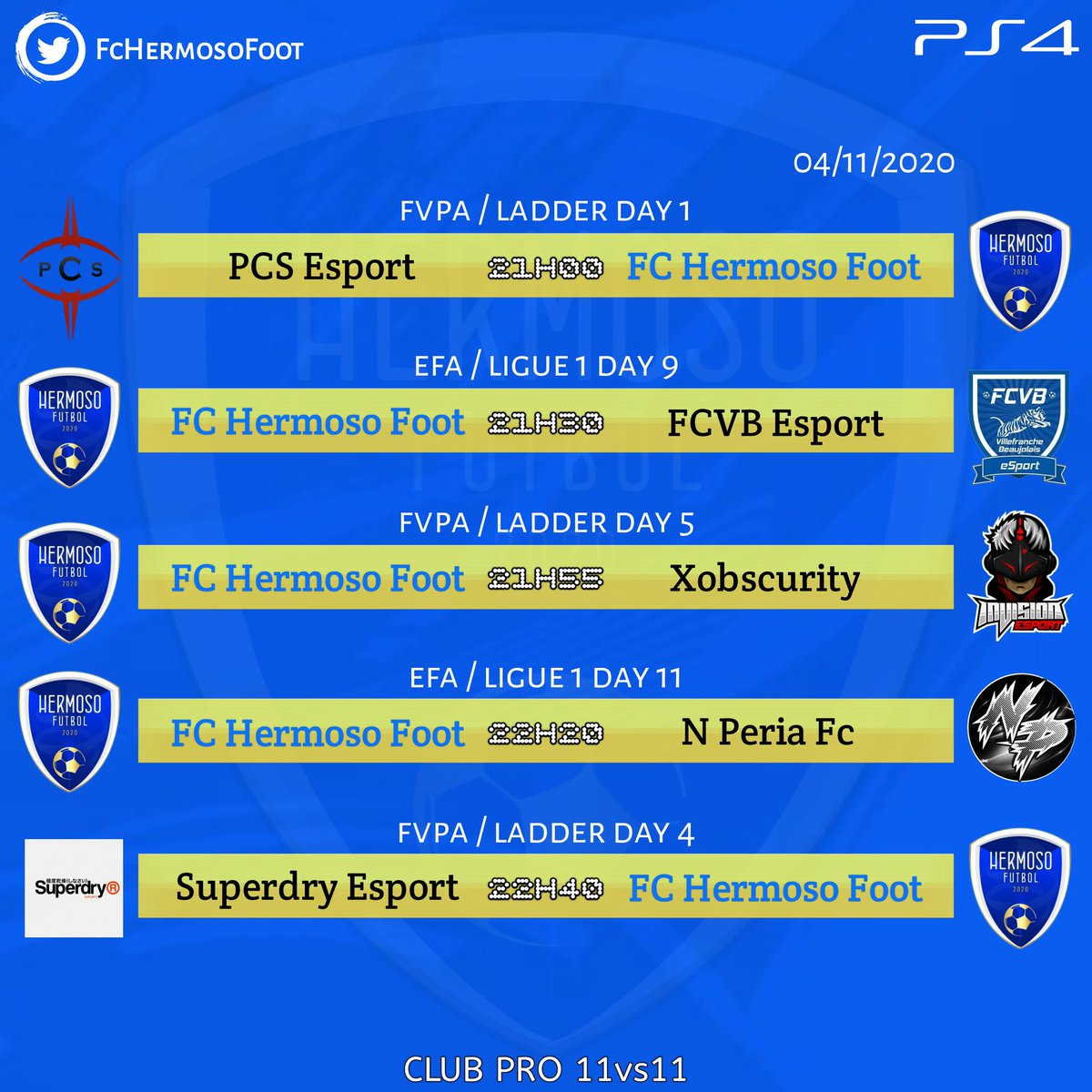 Programme de ce soir Ladder <a href="/FVPAeSport/">FVPA Esport</a> et L1 @EfaOffficiel
@PCS_1904, <a href="/FCVB_officiel/">FC Villefranche Beaujolais</a>, <a href="/xIVSxObscurity/">xDonkey_4x</a>, @NperiaF, @Superdry_esport.
Bonne session à tous.