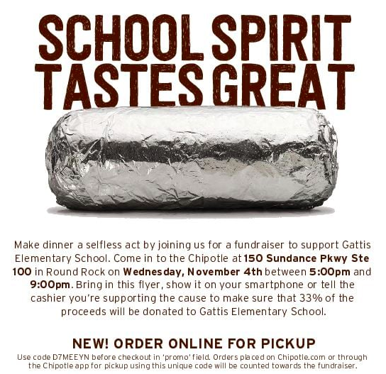 Gattis PTA (@gattisgatorspta) on Twitter photo Gators and Community Friends! We have a spirit night tonight at Chipotle - they give back 33% yall! All hands on deck! Don't cook tonight. Hook it up! #GattisGators #RoundRock #RRISD1Family <a href="/GattisRRISD/">GattisRRISD</a> #WeRiseByLiftingOthers Gators and Community Friends! We have a spirit night tonight at Chipotle - they give back 33% yall! All hands on deck! Don't cook tonight. Hook it up! #GattisGators #RoundRock #RRISD1Family <a href="/GattisRRISD/">GattisRRISD</a> #WeRiseByLiftingOthers