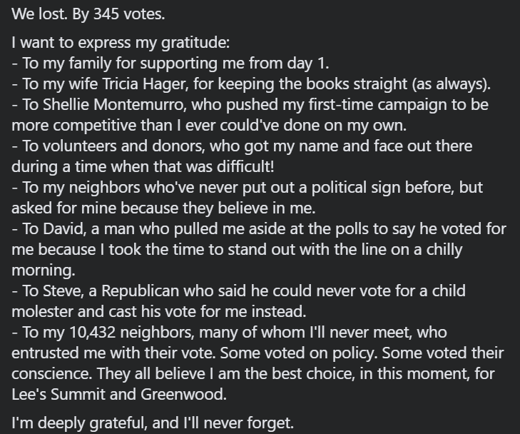 HagerForMO34's tweet photo. Thank you for believing in me, and what we could accomplish together. https://t.co/rbbbAg0G0G