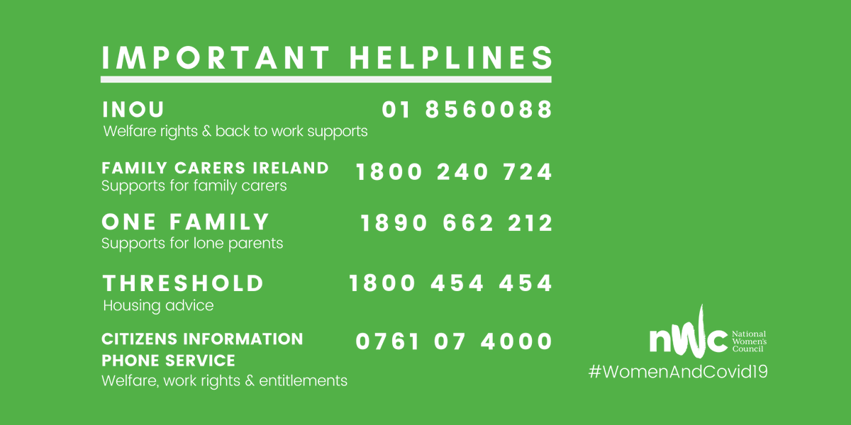 NWCI's tweet photo. As we move into the 3rd week of nationwide restrictions, many women in Ireland are now facing severe economic difficulties as a result of the pandemic. Please share these helplines to raise awareness of vital economic support services that many women will need. #WomenandCovid19 https://t.co/LdNIhMoRTZ