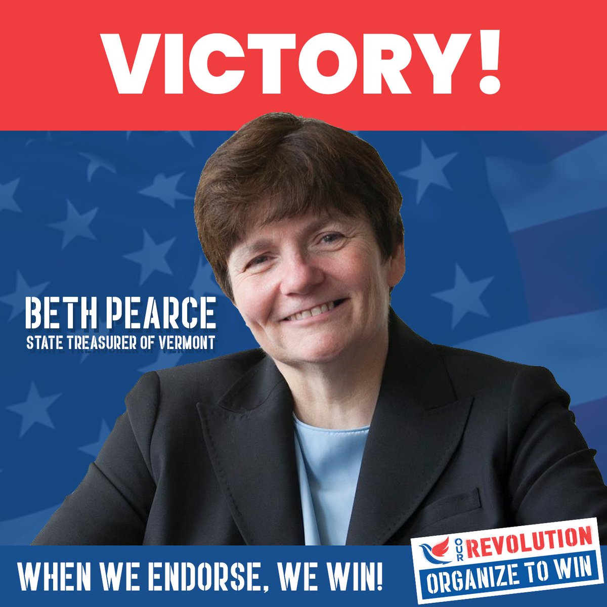 Congratulations to <a href="/TreasurerPearce/">Beth Pearce</a> for re-election as State Treasurer of Vermont! A progressive champion not afraid to stand up against corporations &amp; fight for a just society. #OurRevolution #Election2020