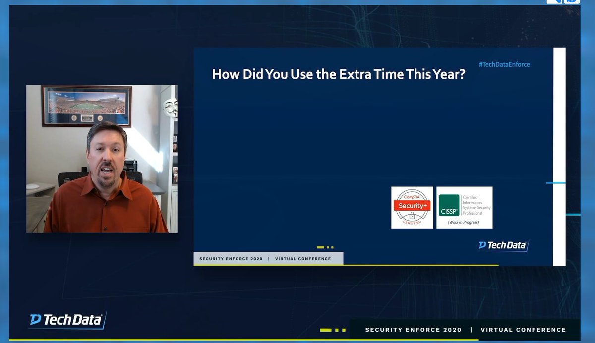 channelsmart's tweet image. Live at #TechDataEnforce @TechDataSecInf @AlexRyals asking a ? "how did you use your time saved from not traveling this year?" challenging us to think differently!@CompTIA certs, piloting a plane and cooking was Alex's plan - what's in your plan to improve yourself this year?