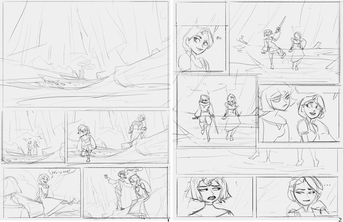 Original sketches for the tangled comic! Ended up changing the ending entirely so I could draw cassandra looking like a wet cat and having a sappy meadow scene BUT the running panel is honestly super sweet. Might revisit that idea 