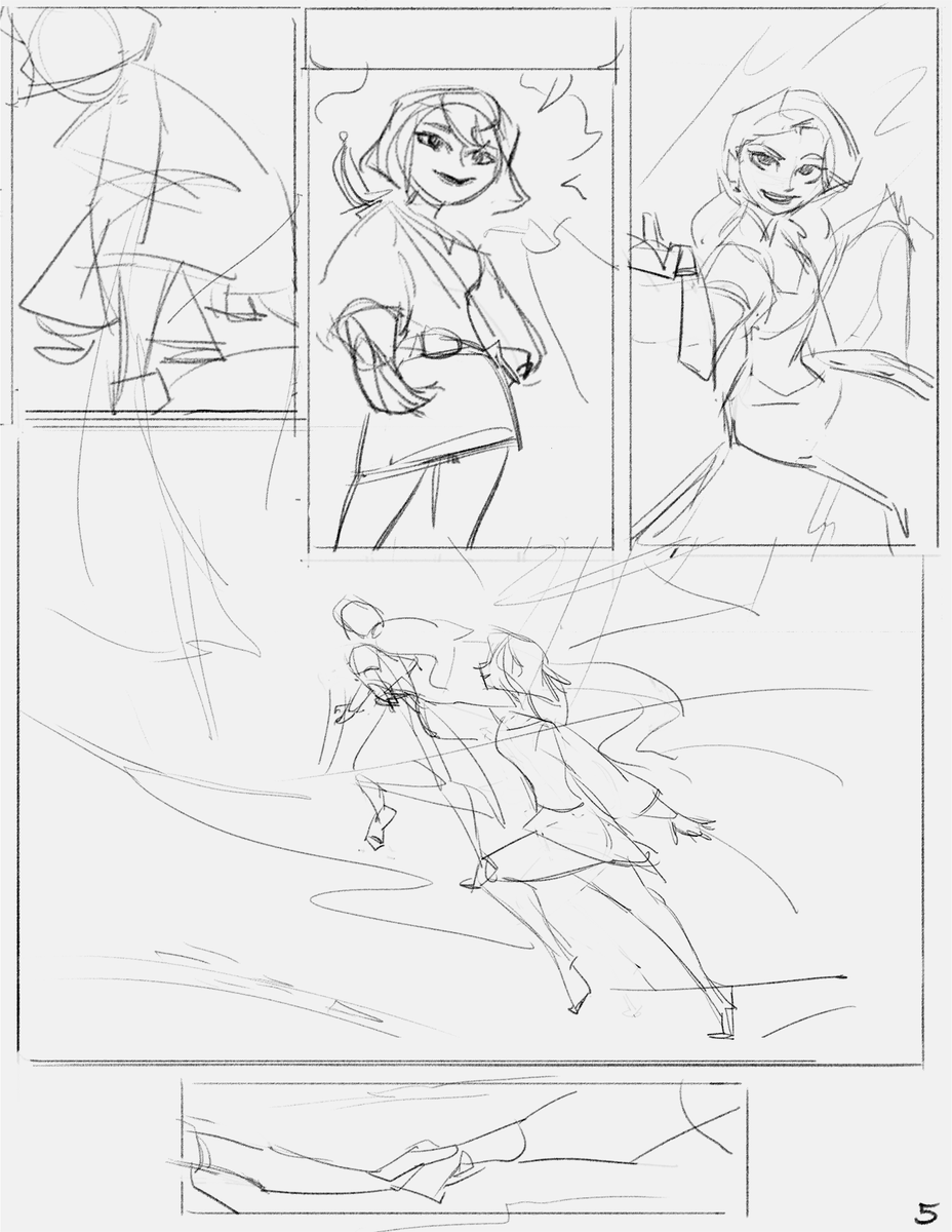 Original sketches for the tangled comic! Ended up changing the ending entirely so I could draw cassandra looking like a wet cat and having a sappy meadow scene BUT the running panel is honestly super sweet. Might revisit that idea 