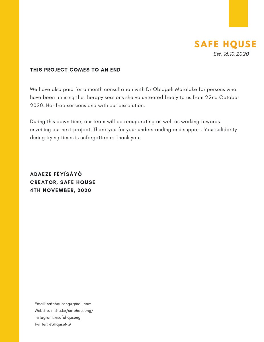 Since it’s inception 20 days ago Safe Hquse endlessly provided financial aid to mainly Queer EndSARS Protesters.

After the protests ceased, we continued aiding Nigerians thanks to our donors, but now it’s time for us to close.

Read the notice for a more detailed announcement.