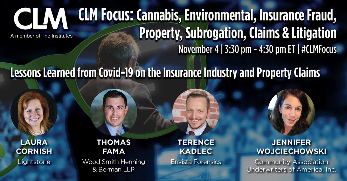 TheCLMalliance's tweet photo. Are you registered for this virtual #CLMFocus session today? Learn from experts at: @LightstoneGroup; @WSHBLAW; @envistanews; and Community Association Underwriters.
Details and registration: https://t.co/J35rIe9sPj #Insurance #LiabilityManagement #ClaimsManagement #Property https://t.co/x71OQ8bD9e
