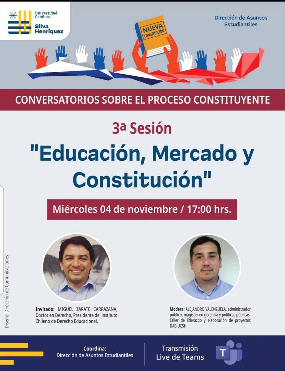 Ichde_Chile's tweet image. No se pierdan esta tarde la interesante conversación en que participará  nuestro presidente @mzaratec sobre educación, mercado y constitución!