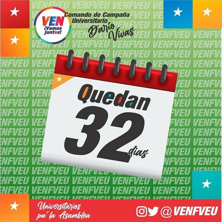 #HaciaUnaNuevaAN 
Solo 32 días Nos Separa de la Gran Victoria por ello <a href="/venfveu/">VenFVEU</a> y seamos parte de la Historia JUNTOS!!!
<a href="/nicolasmaduro/">Nicolás Maduro</a>
<a href="/cesartrompizve/">Cesar Trompiz</a>
<a href="/rodbexa/">Rodbexa</a>
@fveuoficial
<a href="/kennedymorales/">Kennedy Morales</a>
<a href="/taniapsuv/">Tania Valentina Díaz</a>
<a href="/venjuventud2020/">Comando de Campaña Juventud DaríoVivas</a>
<a href="/juventudpsuv/">Juventud PSUV</a>

#VenVamosJuntos #FVEU  #YoSiVotoFVEU #6D