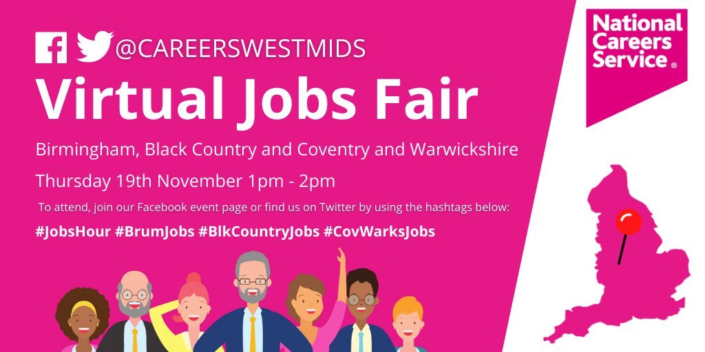 CareersWestMids's tweet photo. Want to discover the latest jobs in the #BlackCountry? Don't miss our Virtual Jobs Fair on Thursday 19th November, 1pm - 2pm to explore vacancies near you!
To get involved use: #JobsHour #BlkCountryJobs

#BlkCountryHour @JCPInTheBC @sandwellcouncil @Jobchange2007 @WalsallWorks https://t.co/WsXFp6ML5X