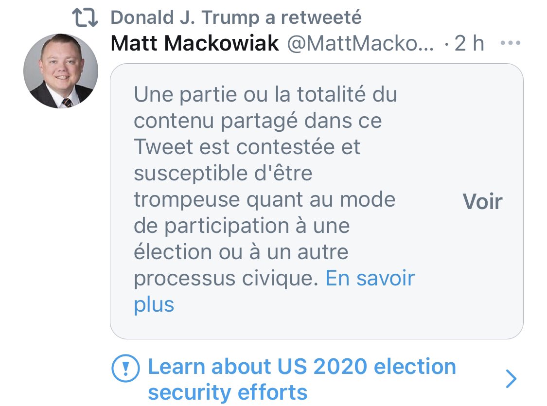 55/ En 10 heures à peine,  #Trump &  #Twitter. 4 fois contrecarré par la plateforme. Les tweets du Président restent lisibles. Il conteste la sincérité du vote par correspondance, avant les résultats définitifs.Reste à savoir jusqu’où le parti Républicain le suivra.  #Elections2020  