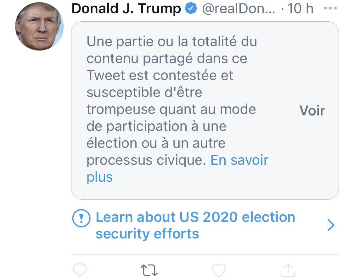 55/ En 10 heures à peine,  #Trump &  #Twitter. 4 fois contrecarré par la plateforme. Les tweets du Président restent lisibles. Il conteste la sincérité du vote par correspondance, avant les résultats définitifs.Reste à savoir jusqu’où le parti Républicain le suivra.  #Elections2020  